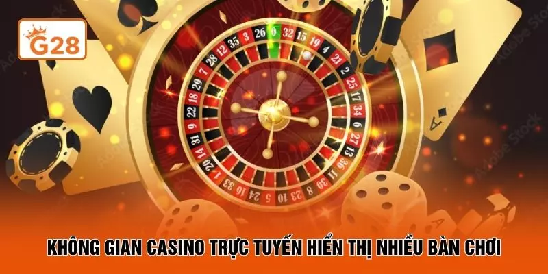 Không gian casino trực tuyến hiển thị nhiều bàn chơi